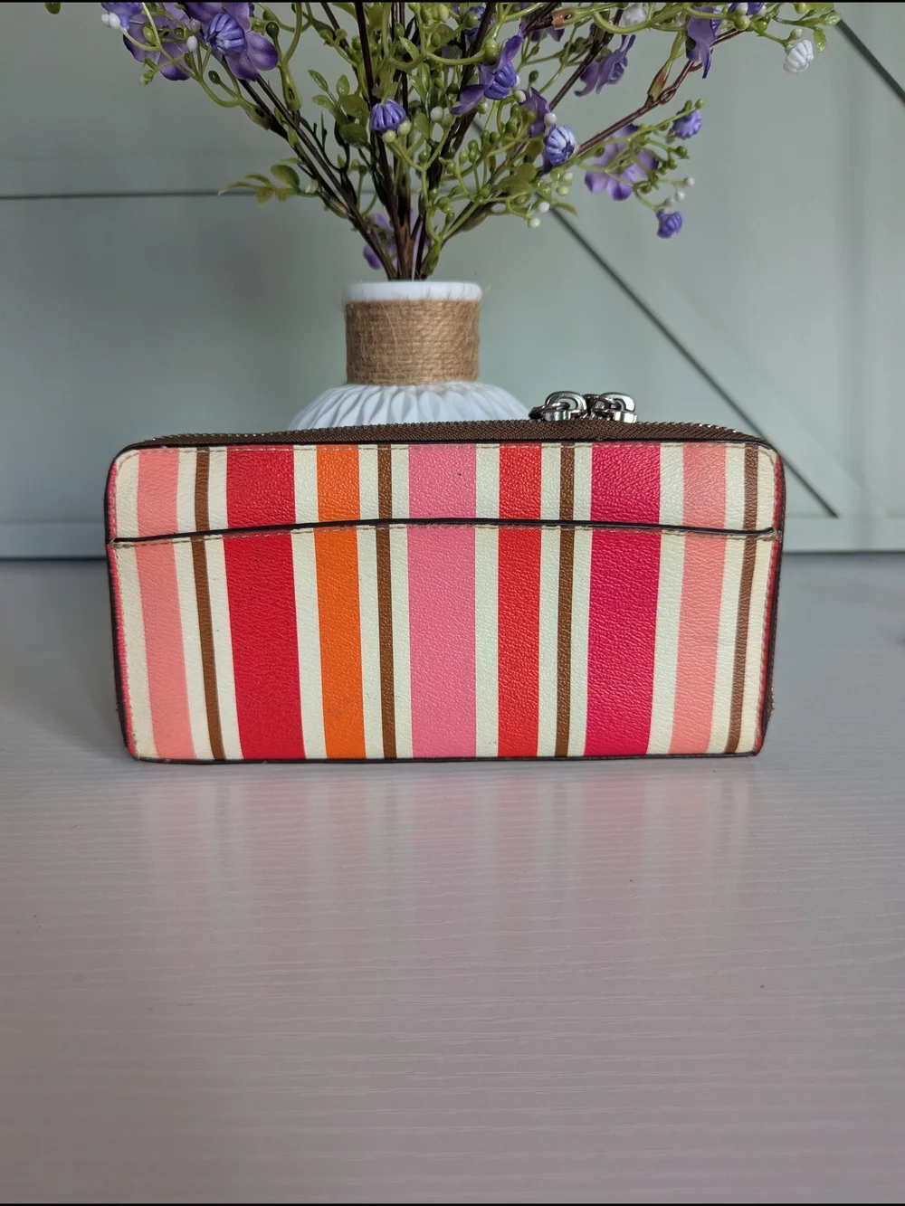 Coach Striped Zip Wallet in Pink, Red, Orange, Brown